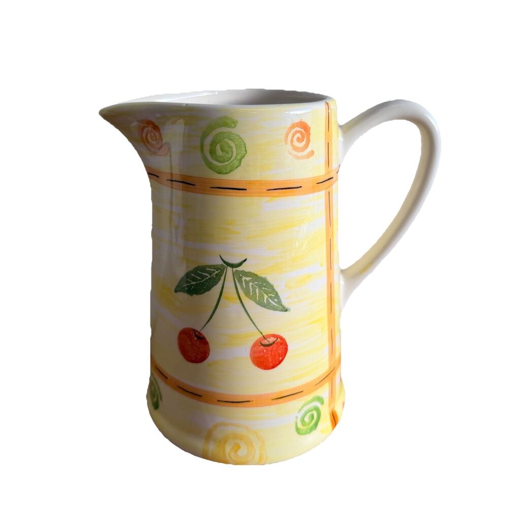 ELPA Portugal Ceramic Fruit Pitcher Yellow Cherry Pear Water Jug Vintage
